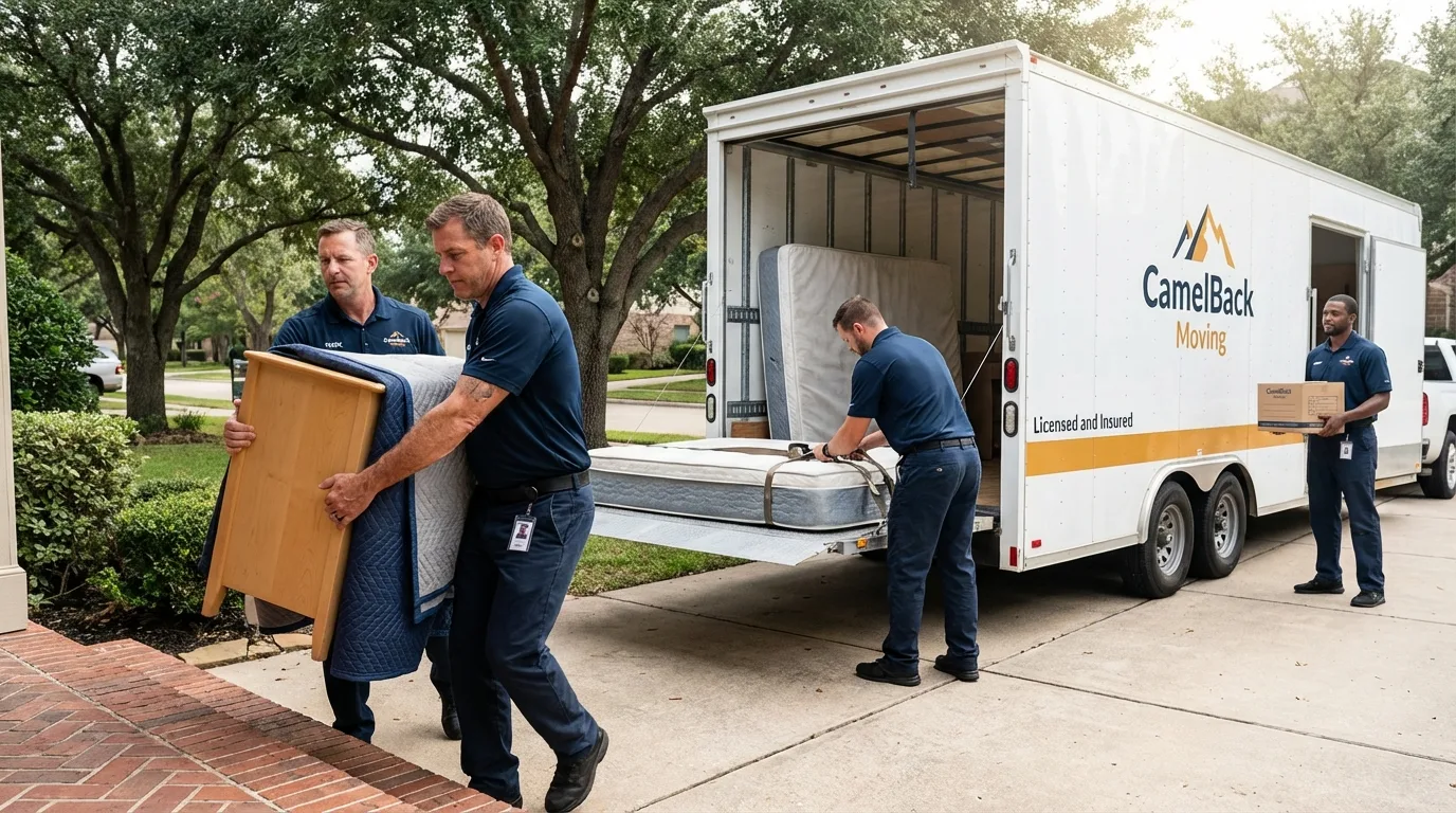 Crew loading residential truck for cross-state move from Carson, CA