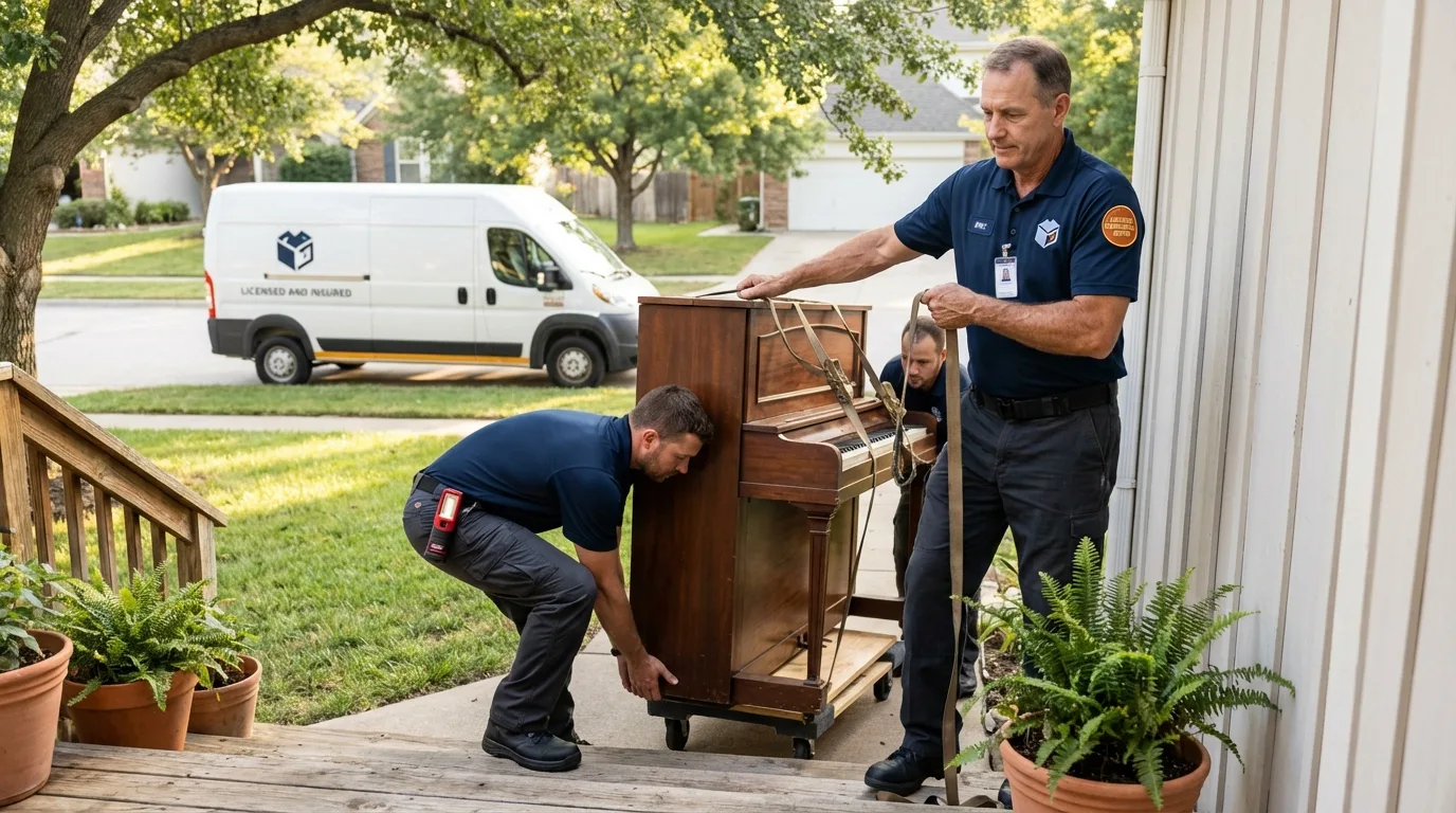 Licensed piano movers securing grand piano in Carson, CA