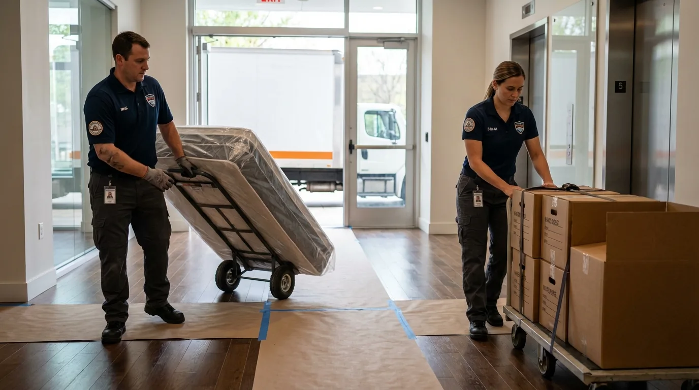 Professional apartment movers loading elevator in Carson, CA
