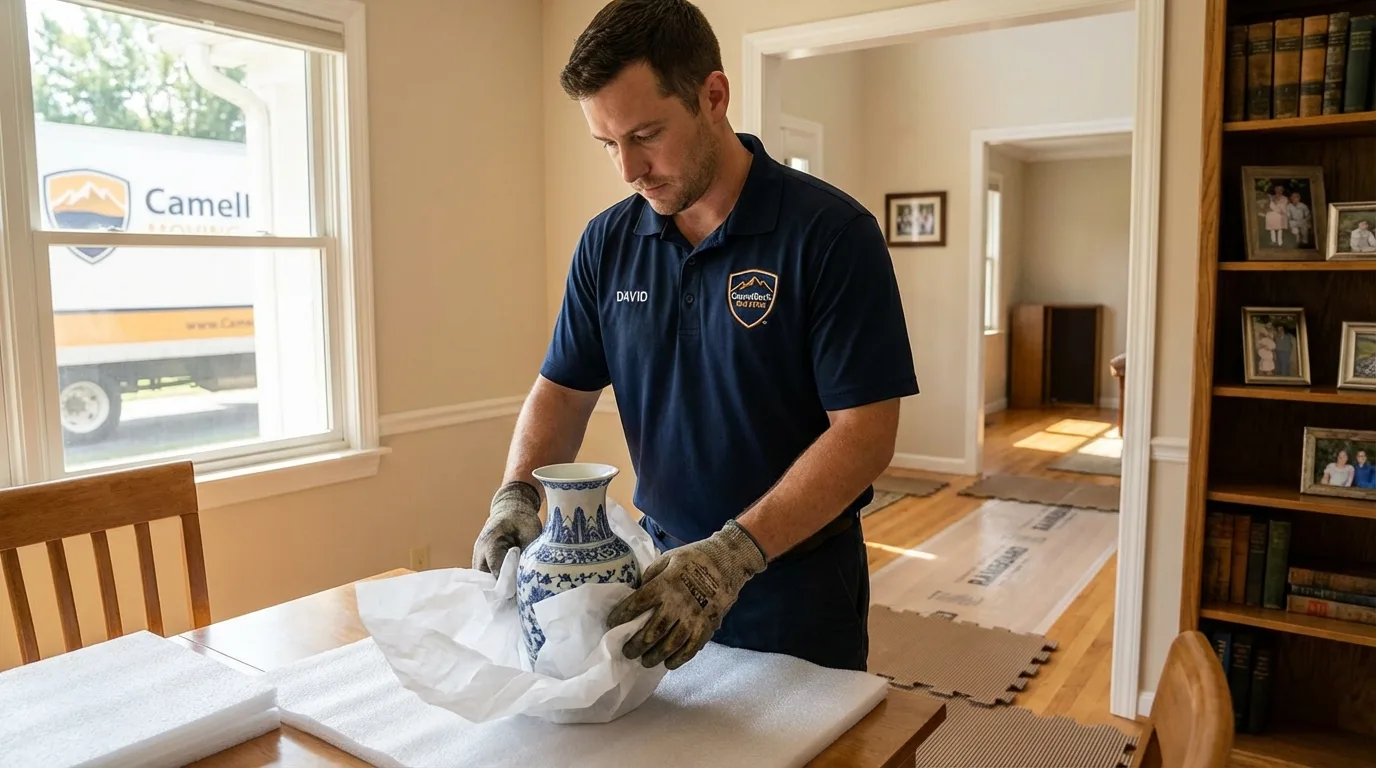 Professional crew carefully wrapping antique vase for senior downsizing move in Carson, CA